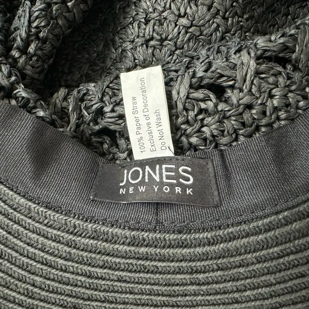 JONES NEW YORK Black Paper Straw Hat One Size Crochet Boho Wide Brim